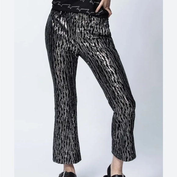 Zadig and Voltaire Polis Velours Pant Velour Black Silver Sparkle Sz 38 US M NEW - Picture 12 of 14